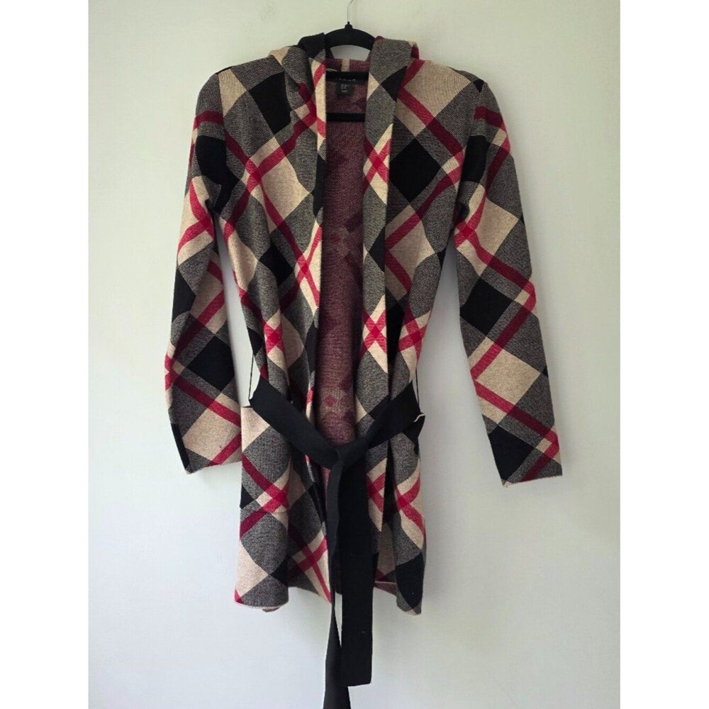 T. TAHARI Long Hooded Cardigan | XS | Tie Belt Pockets Plaid Red Black Camel